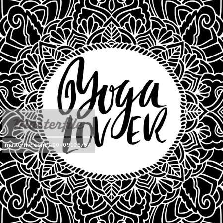 Yoga lover modern dry brush lettering on mandala pattern background. Yoga typography poster. Vector illustration