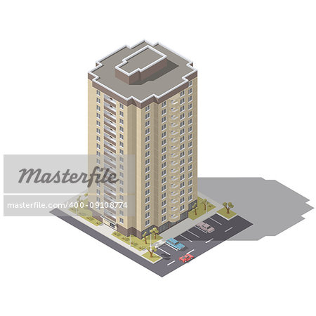 Residential building with parking isometric lowpoly icon set vector graphic illustration