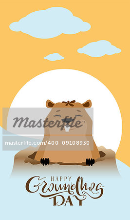 Happy Groundhog Day text greeting card. Marmot got out of hole. Vector cartoon illustration