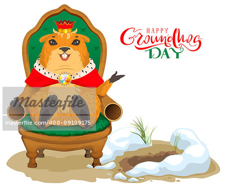 Happy groundhog day greeting card. Marmot king sitting on throne chair. Isolated on white fun vector cartoon illustration