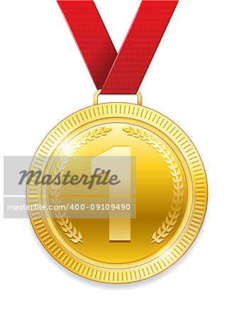 Champion Award gold Medal for sport prize. Shiny medal with red ribbon isolated on white background. Vector illustration EPS 10