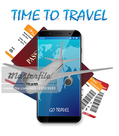 Air travel international vacation concept. Business travel banner with airline tickets and realistic airplane. Travel agency advertisement airplane poster. Vector illustration EPS 10