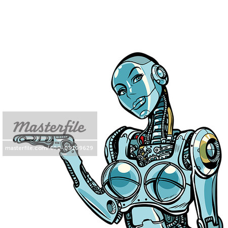 Beautiful woman robot presents. Isolated on white background. Pop art retro vector illustration