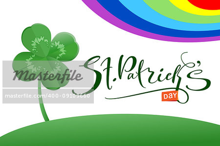 St. Patrick's day text greeting card and luck leaf clover. Vector cartoon illustration