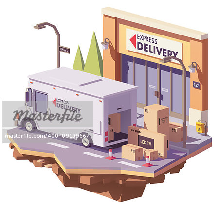 Vector low poly delivery service multi-stop truck loading with electronics in cardboard boxes in front of express mail crourier delivery office building