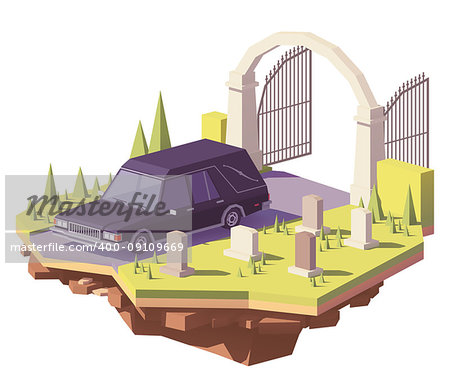 Vector low poly classic black funeral hearse car on the cemetery