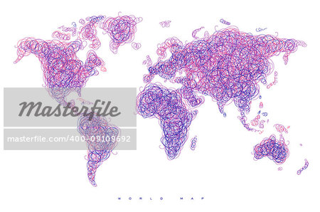 World map drawing with tangled violet and blue lines on white background