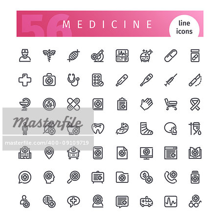 Set of 56 medical line icons suitable for web, infographics and apps. Isolated on white background. Clipping paths included.