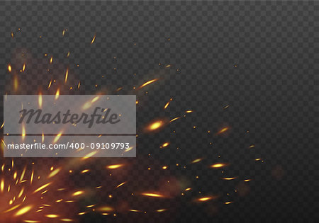 Glowing Red flying fire sparks. Fire Isolated on a black transparent background. Vector illustration, eps 10.