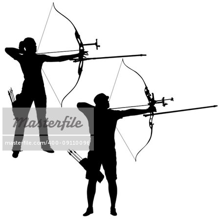 Silhouette set attractive male and female archer bending a bow and aiming in the target.