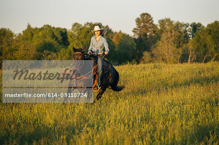 Young woman riding horse in field