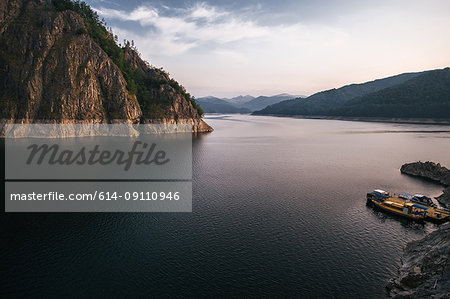 Local car ferry moored on lakeside, Draja, Vaslui, Romania