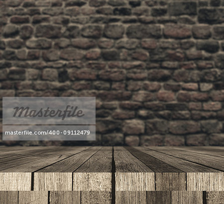 3D render of a wooden table against defocussed brick wall