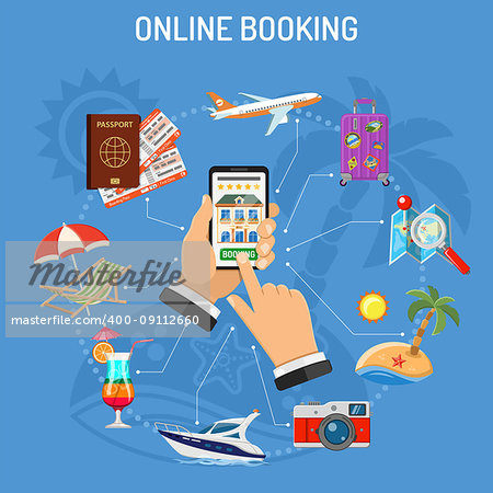 Vacation and Tourism Concept with flat icons. Man holding smartphone in hand and Online Booking Hotel. Isolated vector illustration