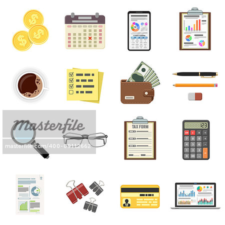 Set Auditing, Tax process calculation, Accounting icons in flat style. Calculator, Magnifying Glass, financial reports, Tax form, laptop, smartphone and money. Isolated vector illustration