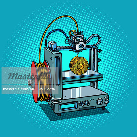 3D printer manufacturing bitcoin cryptocurrency. Comic book cartoon pop art retro illustration vector