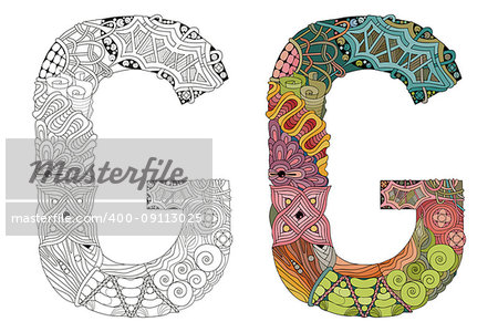 Hand-painted art design. Letter G zentangle objects. Colored and outline set