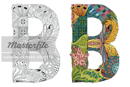 Hand-painted art design. Letter B zentangle objects. Colored and outline set