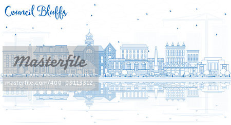 Outline Council Bluffs Iowa City Skyline with Blue Buildings and Reflections. Vector Illustration. Business Travel and Tourism Illustration with Historic Architecture.