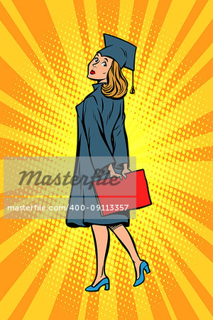 woman graduate of the College or University. Science and education. Comic cartoon pop art illustration retro vintage kitsch vector