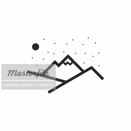 Linear icon of mountains with snow top at night with stars