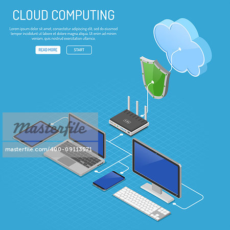 Cloud Computing Technology Isometric Concept with Computer, Laptop, Smartphone, Tablet, Router and Shield Icons. Security cloud storage server. Vector illustration