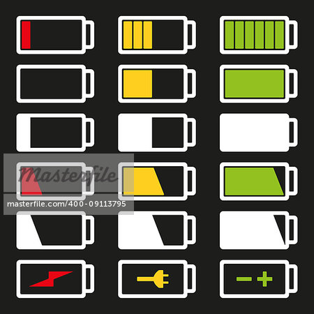 Battery flat icon set vector illustration isolated on gray background eps10. Symbols of battery charge level, full and low.