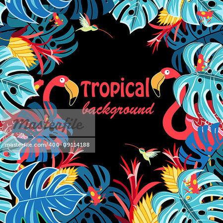 Bright multicolored tropical background with flamingo and hummingbird