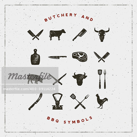 set of butchery and barbecue symbols with letterpress effect. hand drawn design elements. vector illustration