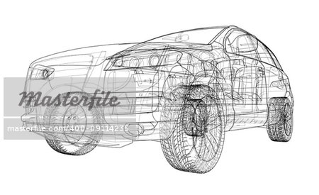 Car sketch. Vector rendering of 3d. Wire-frame style. The layers of visible and invisible lines are separated