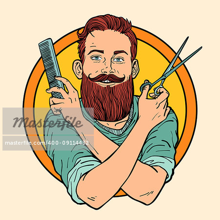 hipster Barber, scissors comb, barbershop. Comic book cartoon pop art retro vector illustration