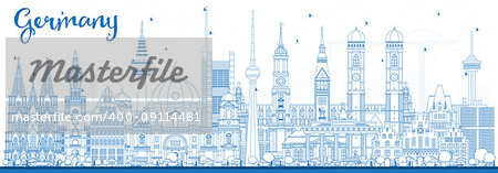 Outline Germany City Skyline with Blue Buildings. Vector Illustration. Business Travel and Tourism Concept with Historic Architecture. Germany Cityscape with Landmarks.