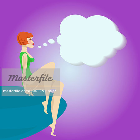 Beautiful girl in a bathing suit profile sitting, with speech bubble. Skin care, banner for beauty salon. depilation, sugaring etc. Vector illustration.