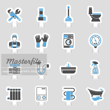 Plumbing Service Two Color Sticker Icons Set with Plumber, Device and Tools items. Vector illustration