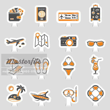Vacation and Tourism Icons Sticker Set for Mobile Applications, Web Site, Advertising like Boat, Cocktail, Island, Aircraft and Suitcase. Vector illustration
