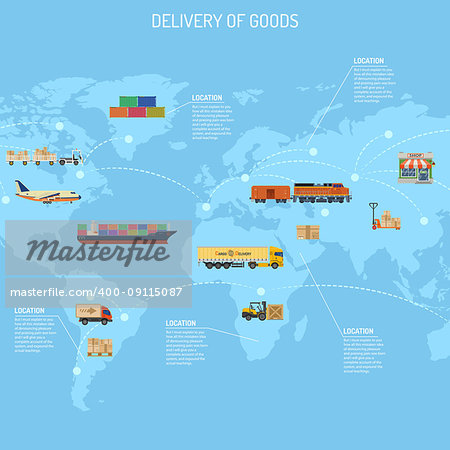 Delivery of Goods Concept with Railway Freight, Air Cargo, Maritime Shipping and Trucking in Flat style icons. Vector illustration