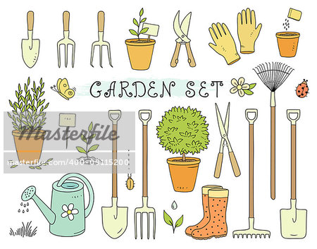 colorful cartoon set of garden equipment, tools, plants and design elements on white background