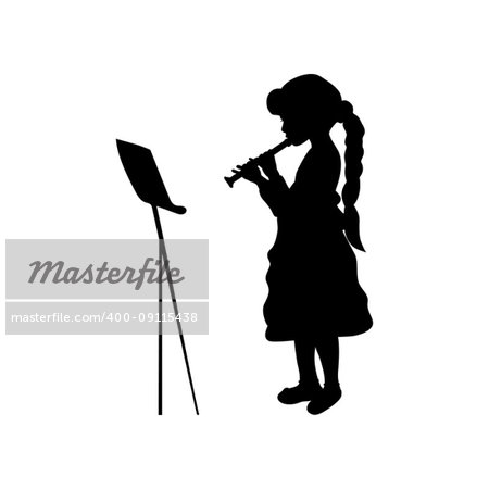 Silhouette girl music playing flute. Vector illustration