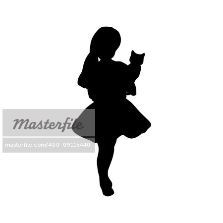 Silhouette girl holding a cat. Vector illustration