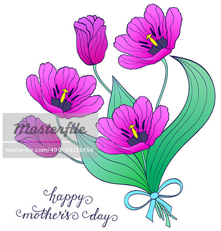 Bouquet of hand drawn purple tulips on white background.