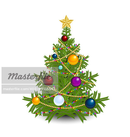 Christmas tree with star, chains and balls isolated on white background