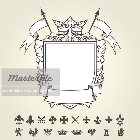 Blank template of coat of arms with shield and set of heraldic symbols