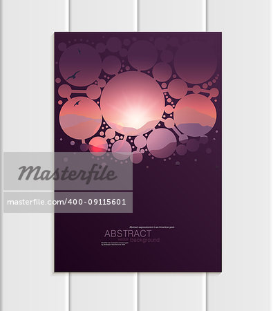 Stock vector A5 or A4 format brochure design business template with abstract circles and mountain landscape at sunset, dawn backgrounds for printed material, corporate style element, card, cover, wallpaper