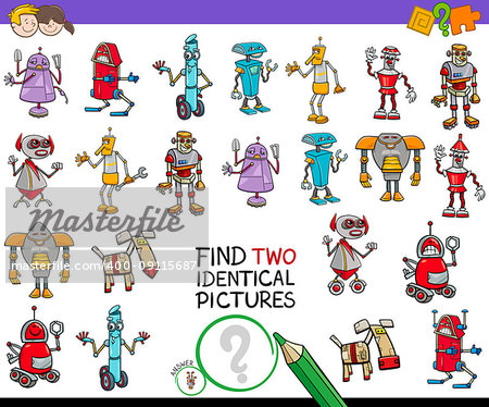 Cartoon Illustration of Finding Two Identical Pictures Educational Activity Game for Children with Robot Fantasy Characters
