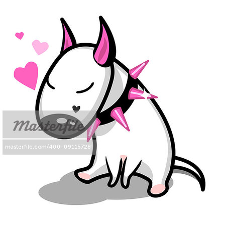 Cute vector cartoon dog. White Bull Terrier in love