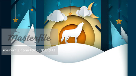 Cartoon paper landscape. Wolf illustration. Tree, fir, cloud, moon snow hill Vector eps 10