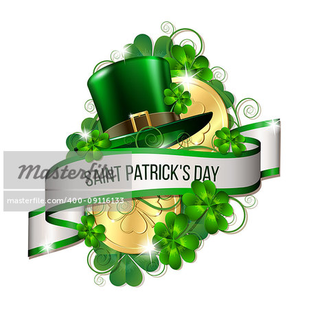 Patrick day card with ribbon, gold coins, leprechaun hat and clover leaves. St. Patricks Day symbols. Vector illustration