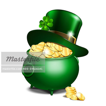 St. Patricks Day symbols. Green leprechaun hat with clover leaf on pot full of gold. Vector illustration isolated on white background