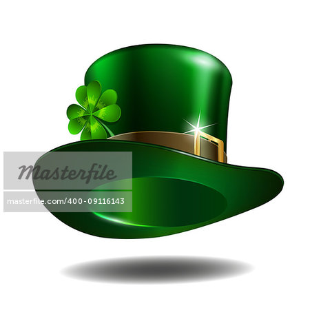 Green leprechaun hat with clover leaf isolated on white background. St. Patricks Day symbols. Vector illustration
