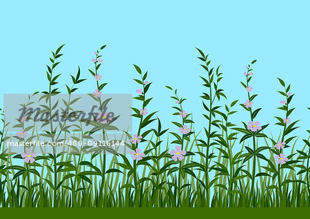 Seamless Horizontal Background, Nature, Landscape with Fresh Green Grass, Leaves, Lilac Flowers and Blue Sky, Tile Pattern for Your Design. Vector